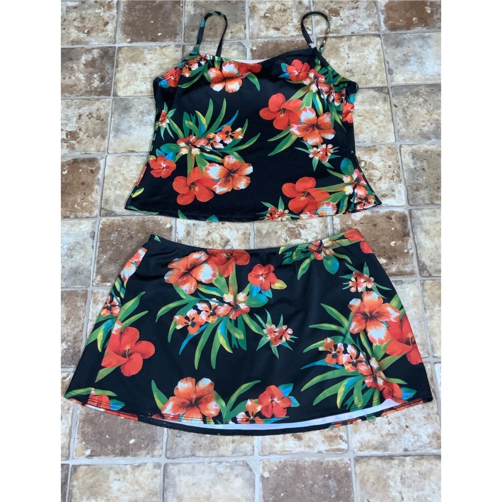 Mixit Black & Orange Tropical Floral Tankini & Skort Swimsuit Size 10
